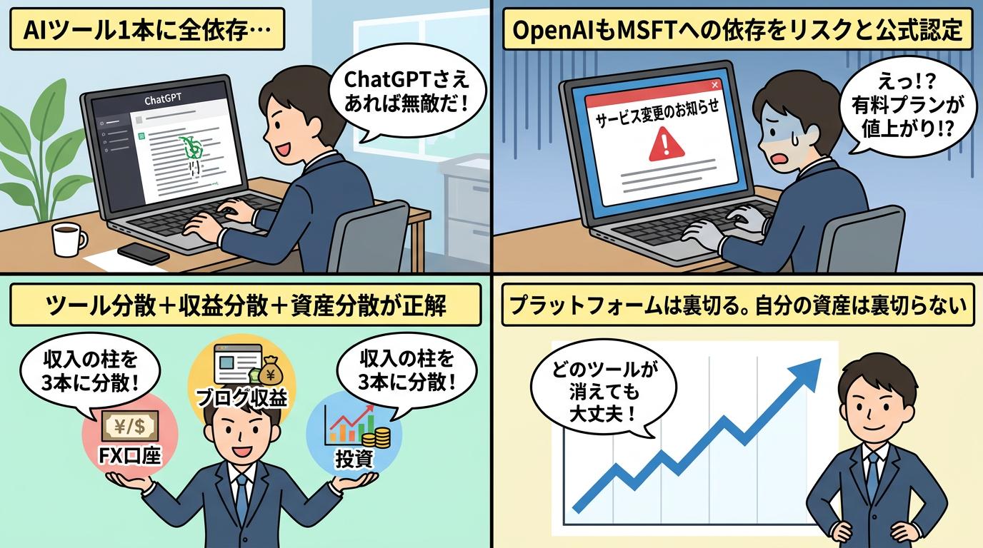 AIツール依存の落とし穴を表すイラスト