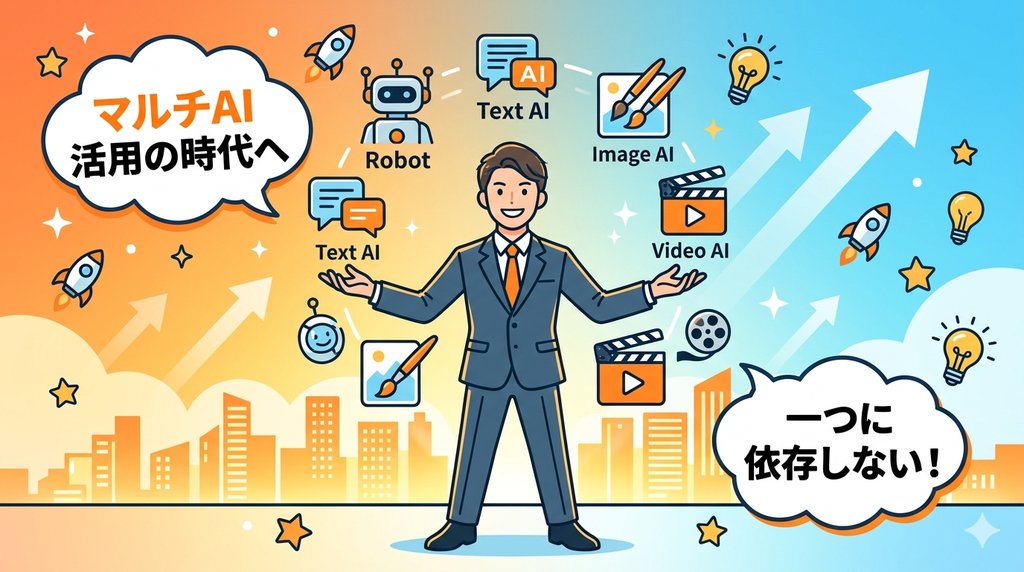 マルチAI活用の時代へ向かうビジネスパーソンのイラスト