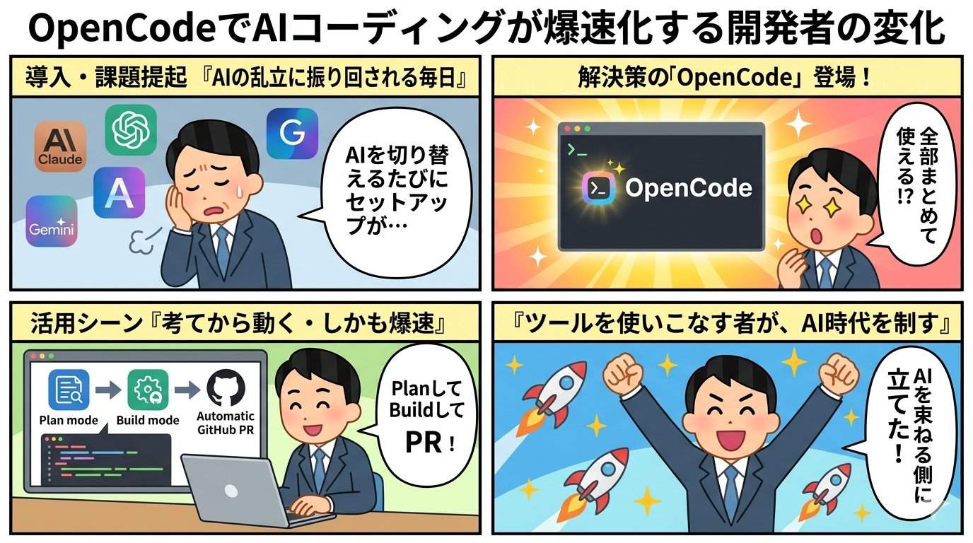 OpenCodeでAIコーディングが爆速化する開発者の変化──4コマ漫画で図解