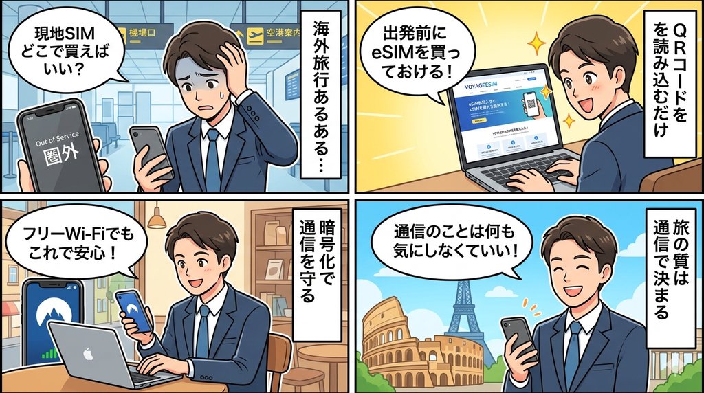 eSIMとVPNの活用方法を解説した4コマ漫画。現地SIM不要・フリーWi-Fi対策・快適な旅の流れを図解