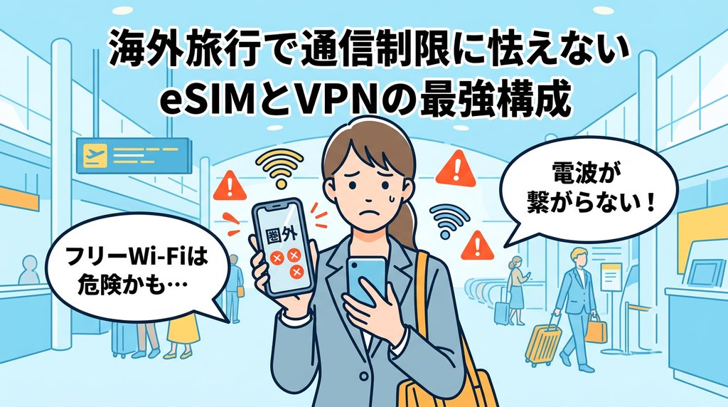 海外空港で圏外になり困惑する旅行者。フリーWi-Fiのリスクと通信トラブルを表したイラスト