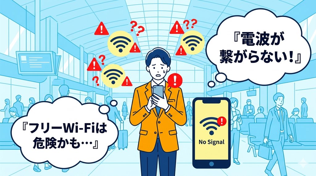 空港でフリーWi-Fiの危険性に気づく男性。電波トラブルと通信リスクを表したイラスト