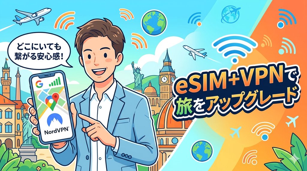 eSIM+VPNで旅をアップグレード。世界中どこにいても繋がる安心感を表した結論イラスト