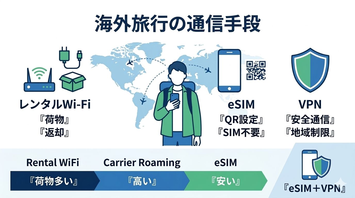 eSIM・Wi-Fi・ローミングのコスト比較図