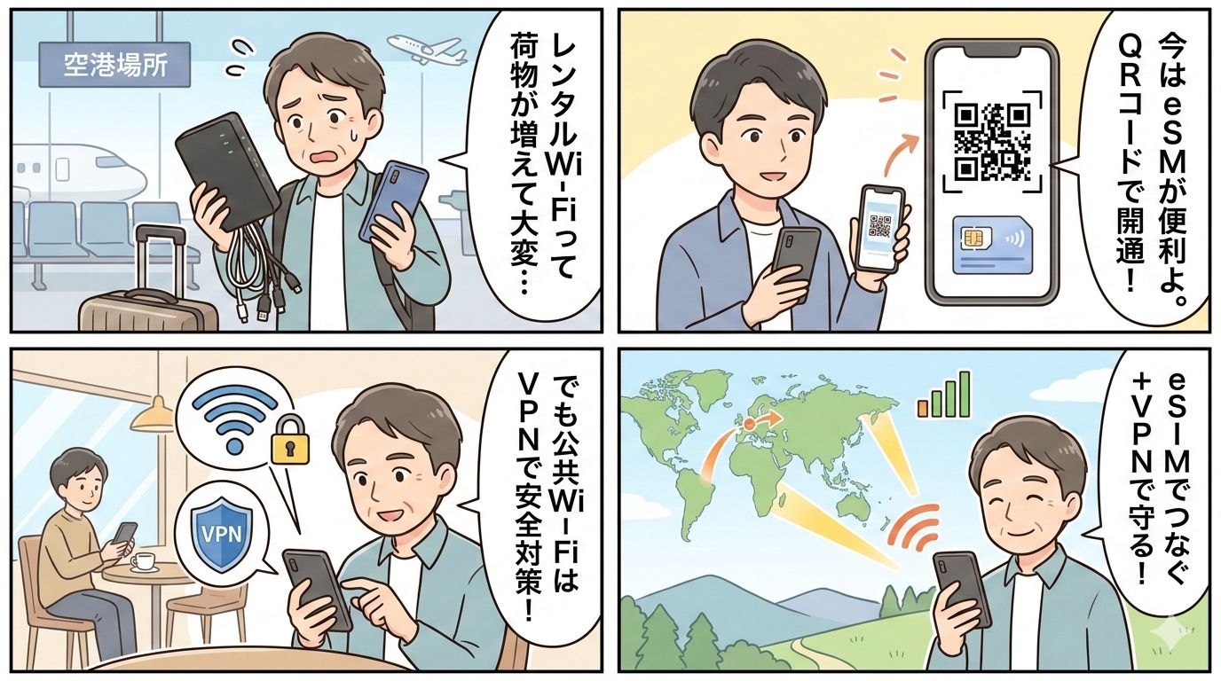 海外旅行のネット事情を解説する4コマ漫画