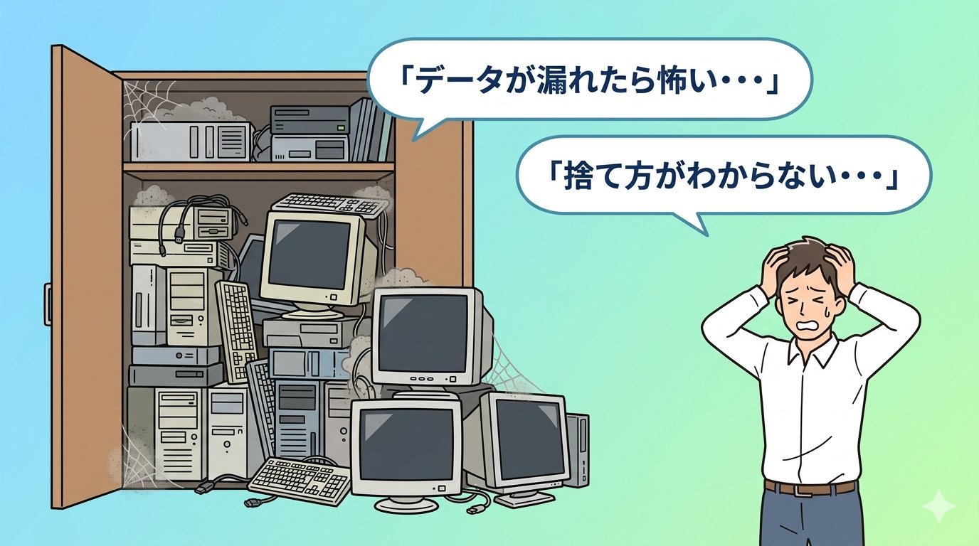 古いPCが押し入れに積み重なり困り顔のビジネスパーソン。データが漏れたら怖い・捨て方がわからないという悩みを表したイラスト