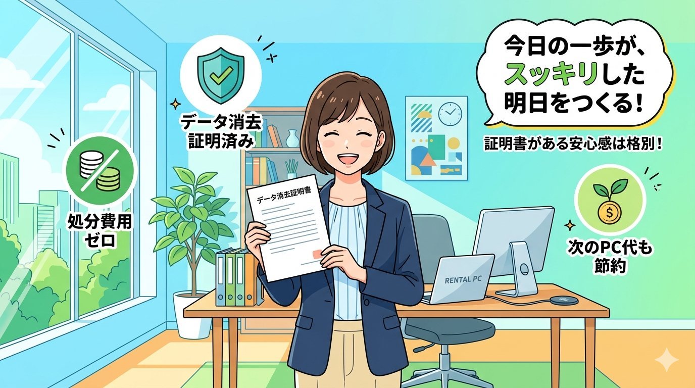 データ消去証明書を手に笑顔のビジネスパーソン。処分費用ゼロ・データ消去証明済み・次のPC代も節約という理想の未来イメージ