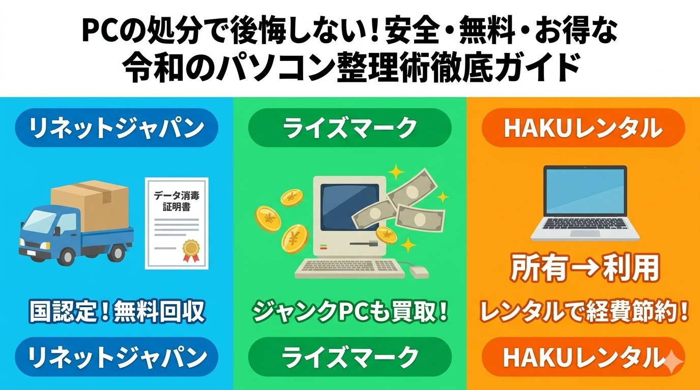 リネットジャパン・ライズマーク・HAKUレンタルの3サービスを比較したインフォグラフィック。国認定無料回収・ジャンクPCも買取・所有から利用への特徴を図解