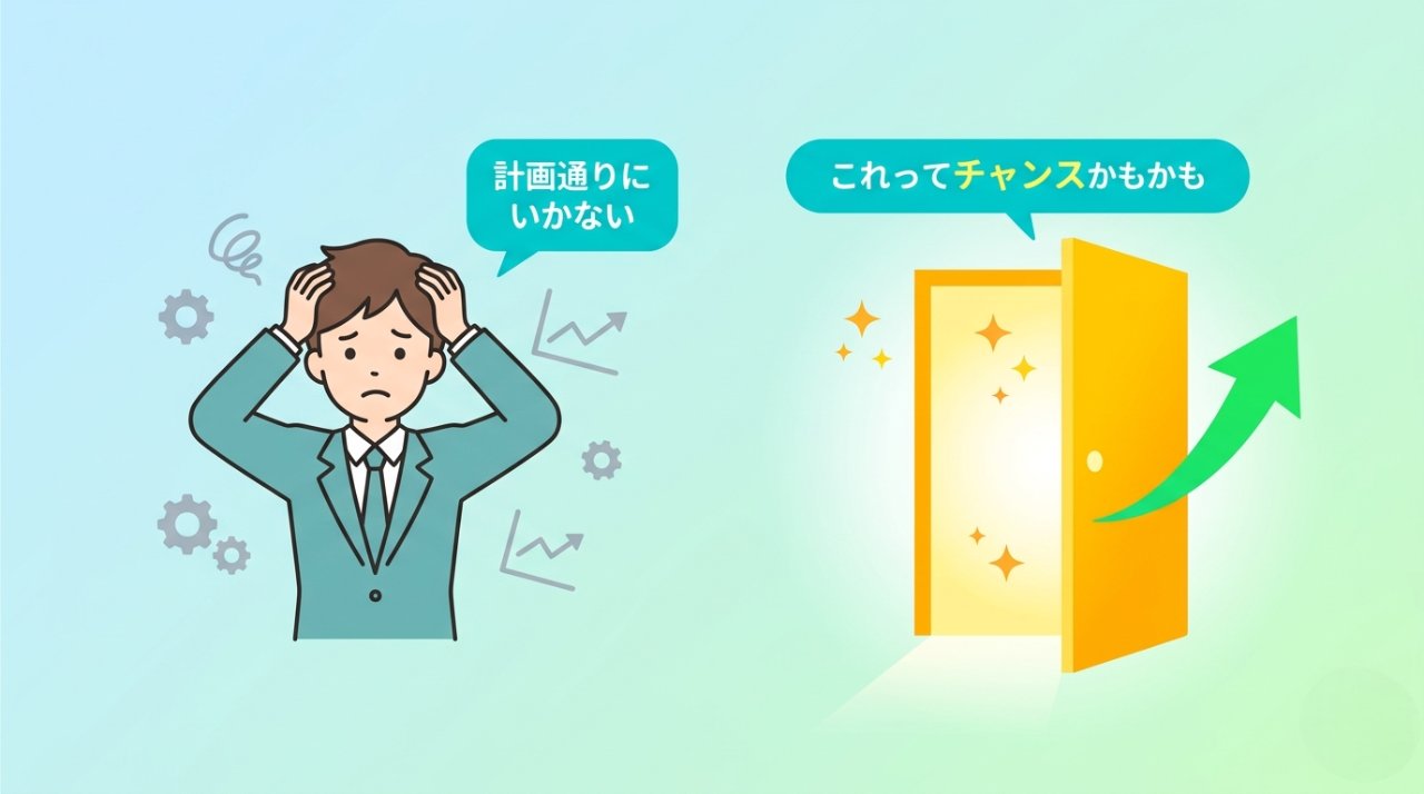計画通りにいかない不安をチャンスに変えるイメージ
