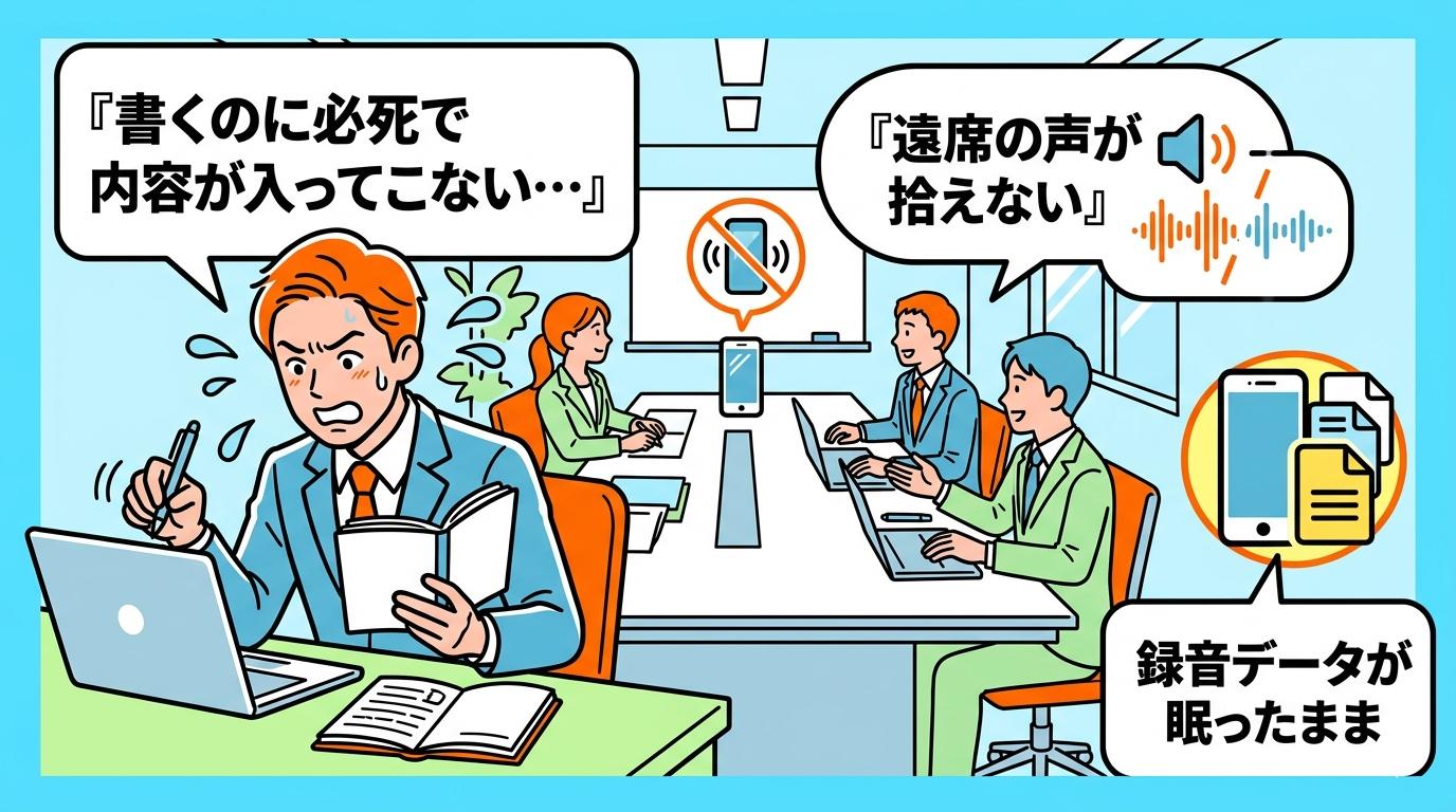 会議中に記録に追われて思考が追いつかない課題を表したイラスト