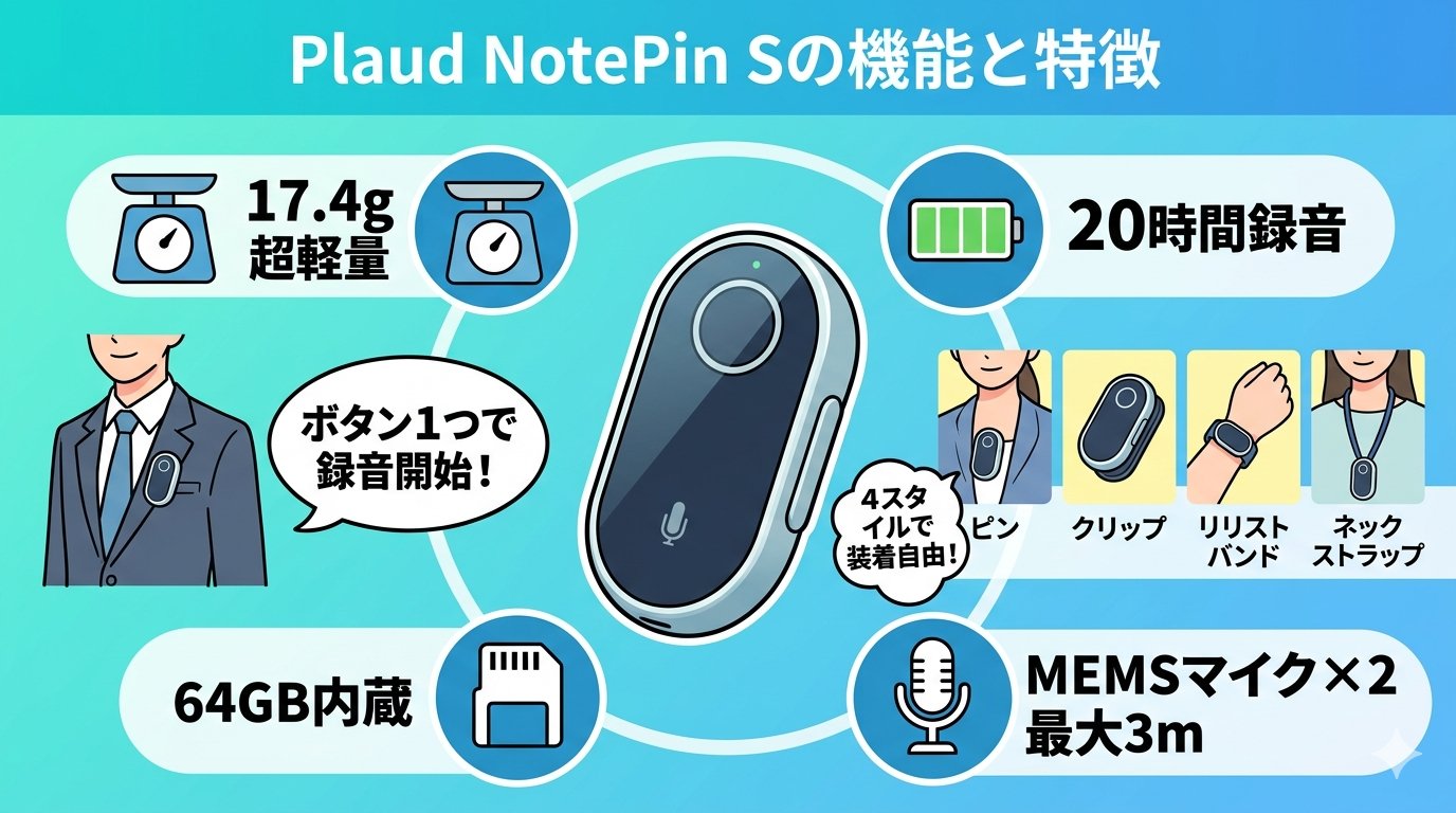 Plaud NotePin S の機能と特徴インフォグラフィック