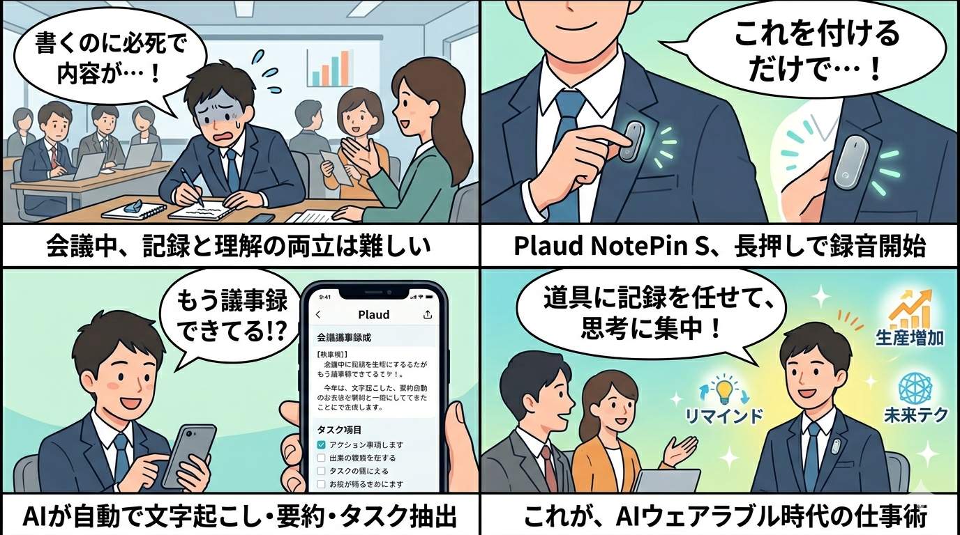 Plaud NotePin S の使い方を4コマ漫画で解説