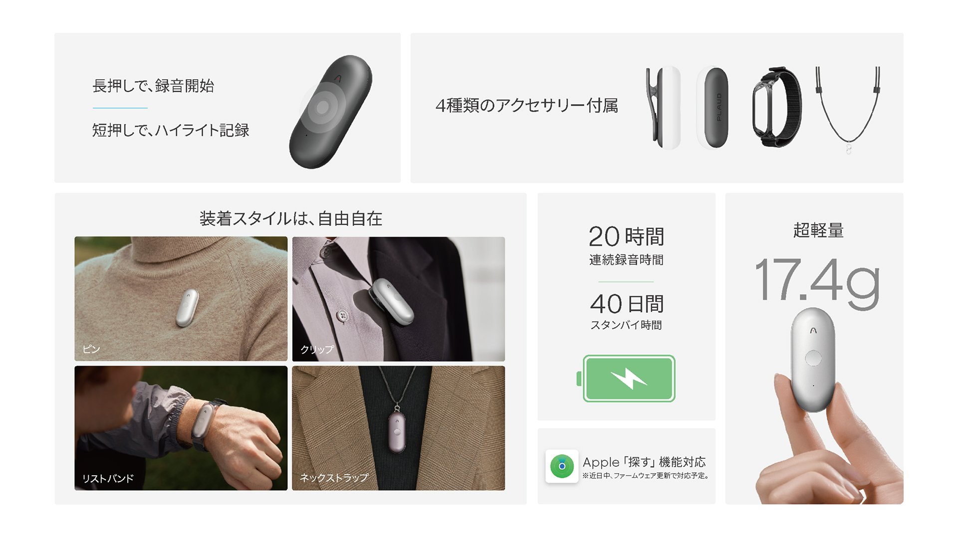 Plaud NotePin S 装着スタイル4種類と連続録音20時間・17.4g超軽量の公式画像