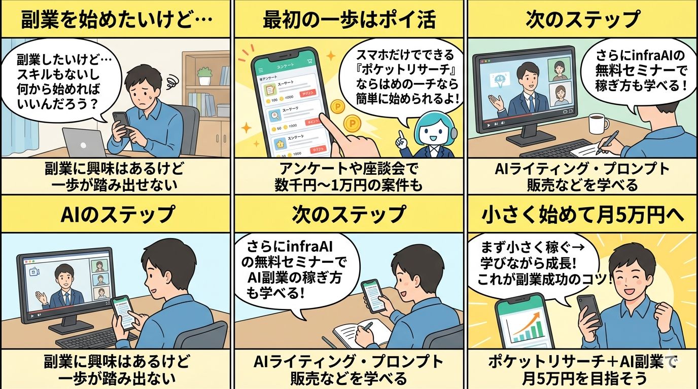 副業初心者の悩みから解決への4ステップ漫画