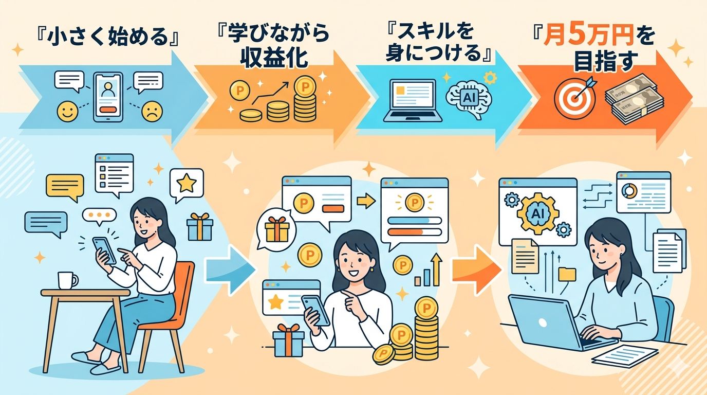 小さく始めて学びながら月5万円を目指すイメージイラスト