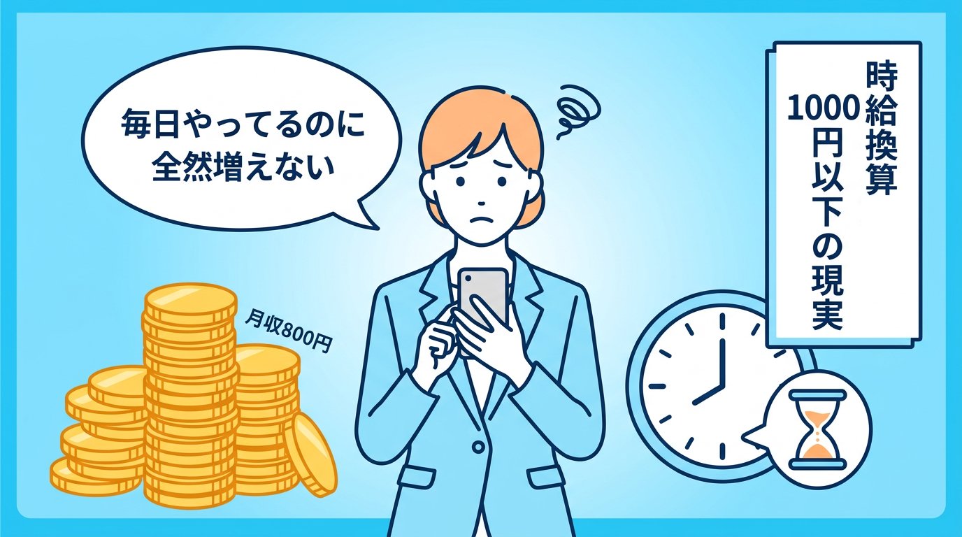 ポイ活アプリで毎日作業しても月収800円・時給換算1000円以下の現実を示すイラスト