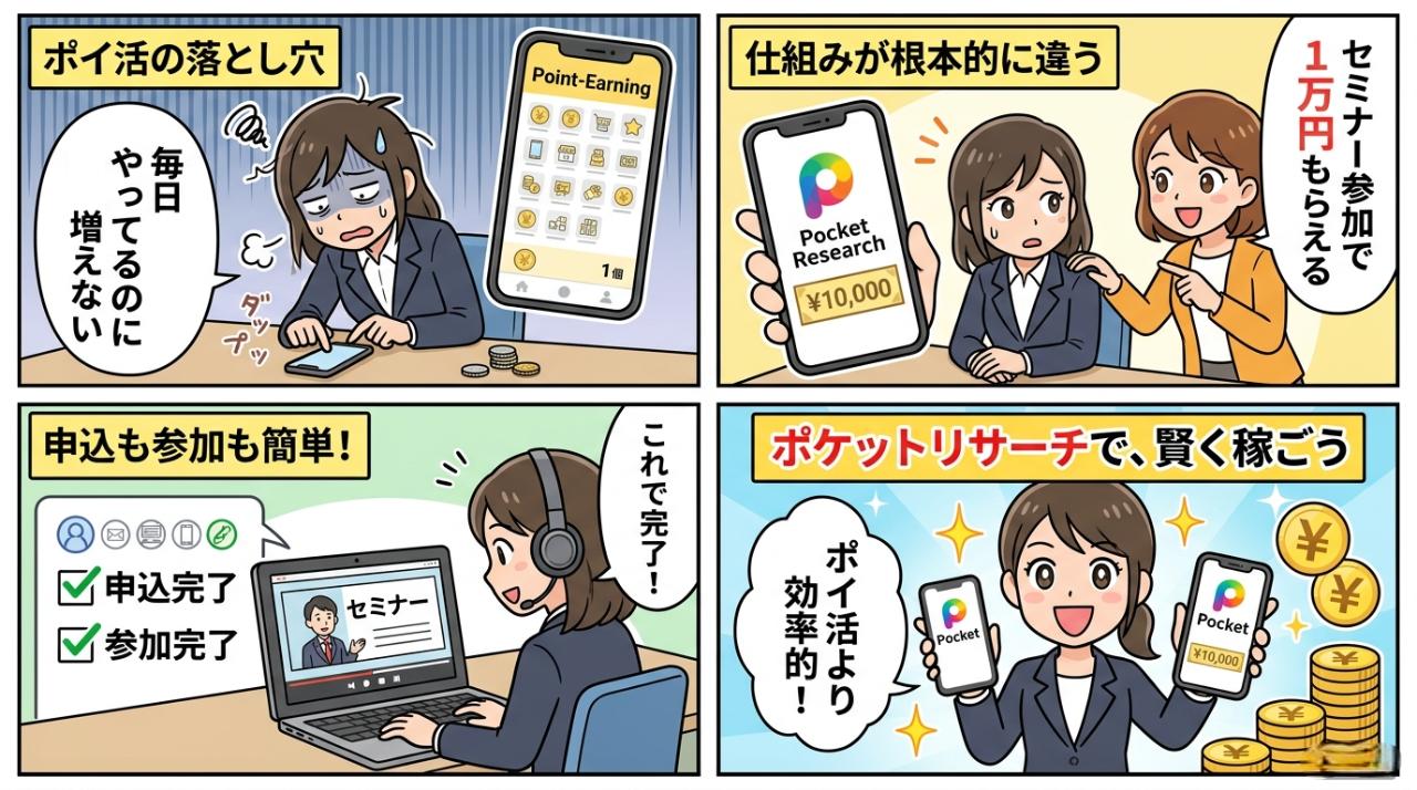 ポイ活の落とし穴からポケットリサーチで賢く稼ぐまでを描いた4コマ漫画