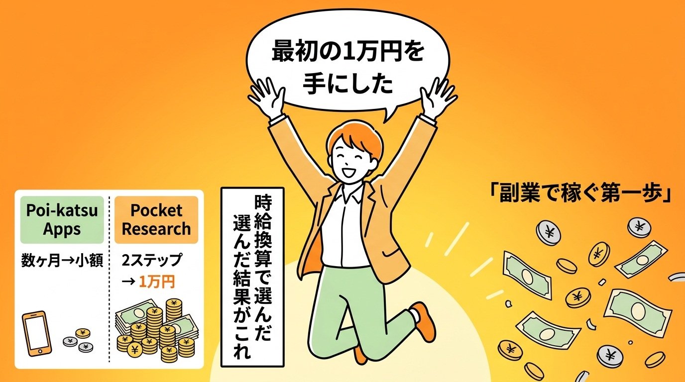 時給換算で選んだ結果ポケットリサーチで最初の1万円を手にした女性のイラスト