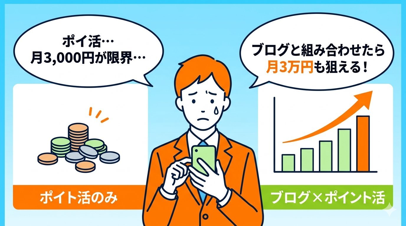 ポイ活単体の限界とブログ×ポイ活の可能性を対比したイラスト
