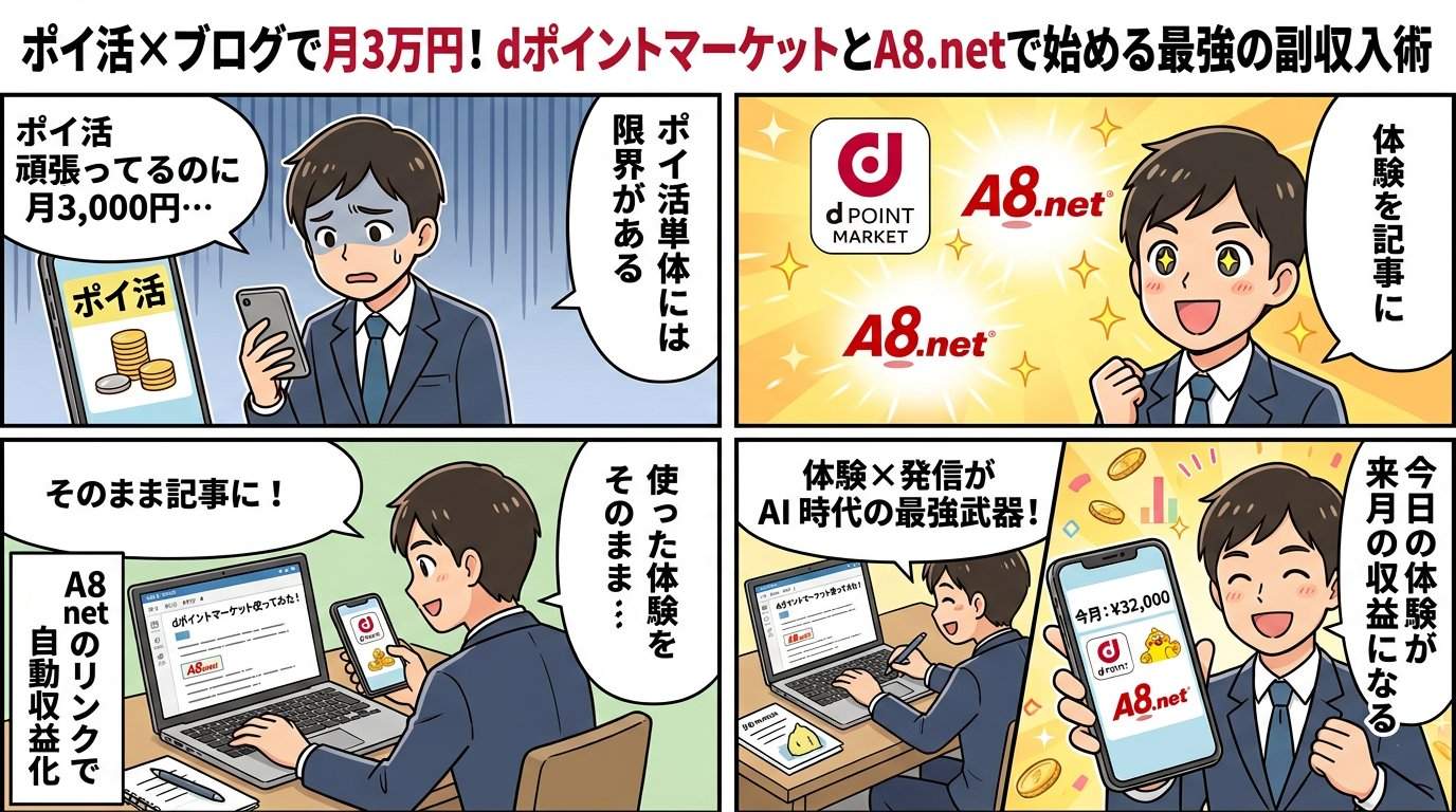 ポイ活×ブログで月3万円を達成するまでの流れを描いた4コマ漫画