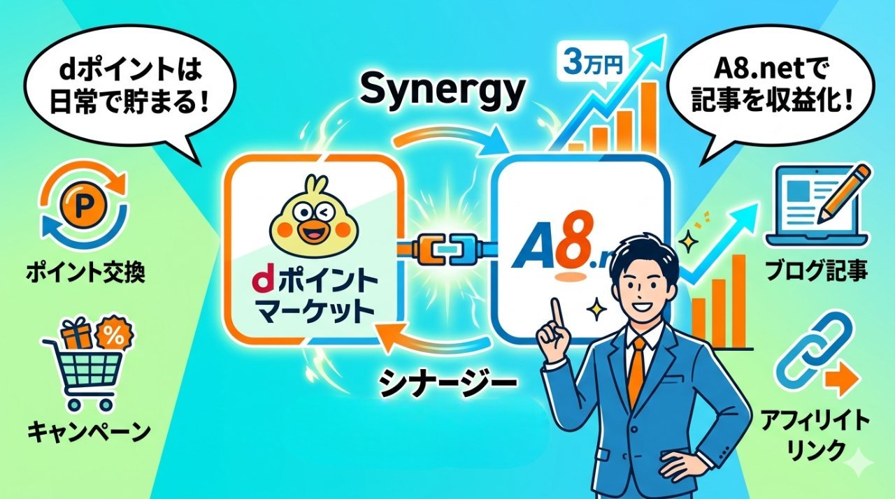 dポイントマーケットとA8.netのシナジーを表したイラスト