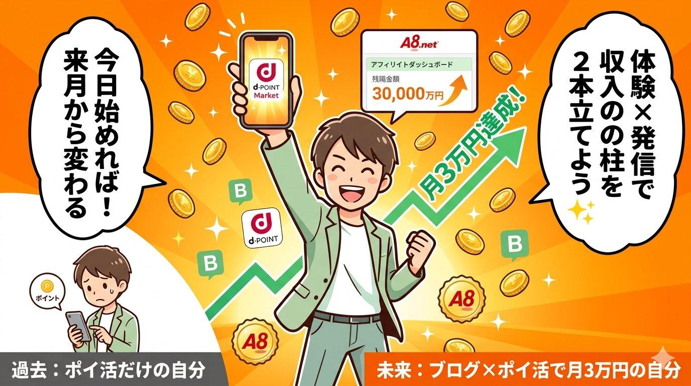 ポイ活×ブログで月3万円を達成した未来のイメージイラスト