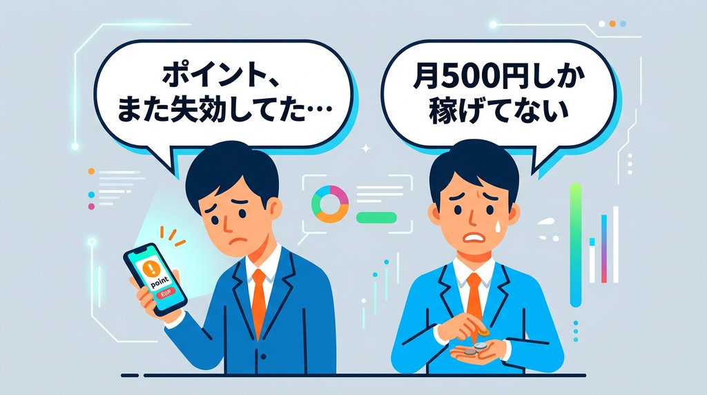 ポイント失効と月500円しか稼げない悩みを抱えるビジネスパーソンのイラスト