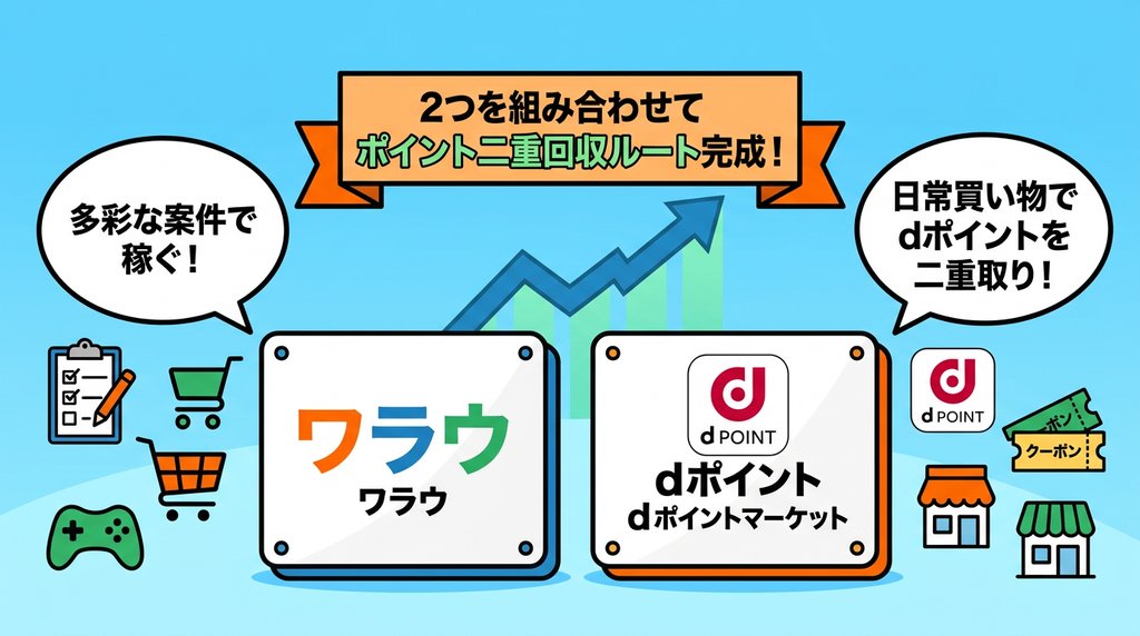 ワラウとdポイントマーケットを組み合わせたポイント二重回収ルートの図解