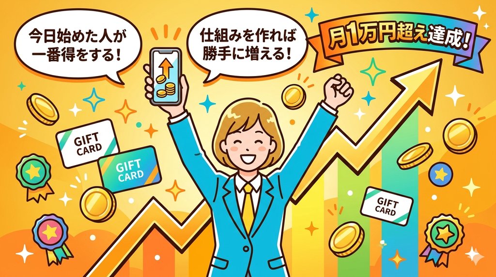 月1万円超え達成を喜ぶビジネスパーソンと右肩上がりのグラフのイラスト