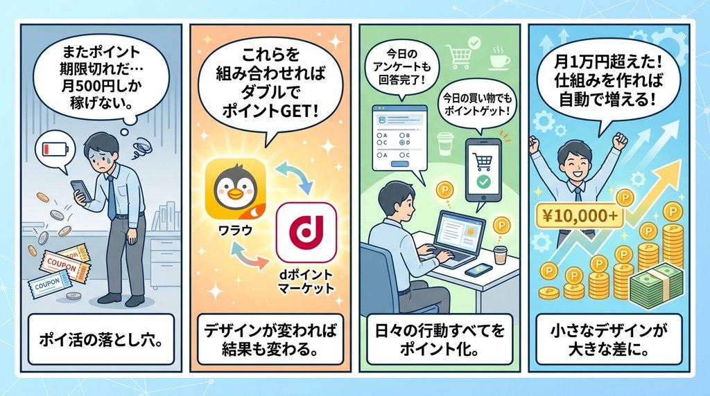 ポイ活の流れを4コマ漫画で図解したイラスト