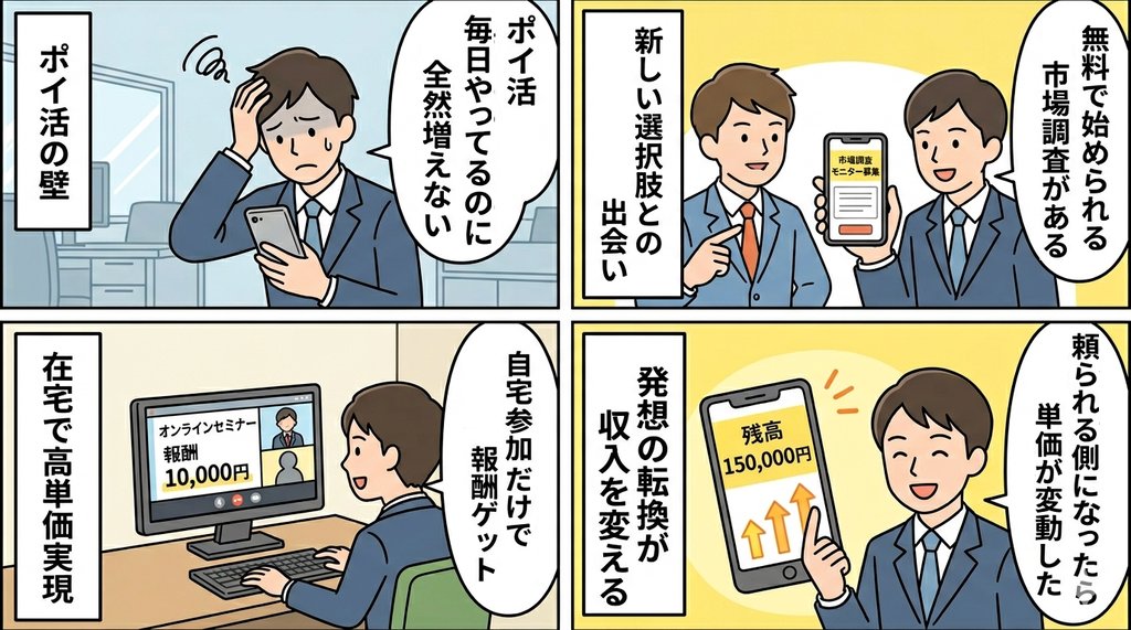 ポイ活の壁から市場調査モニターへ切り替える流れを描いた4コマ漫画