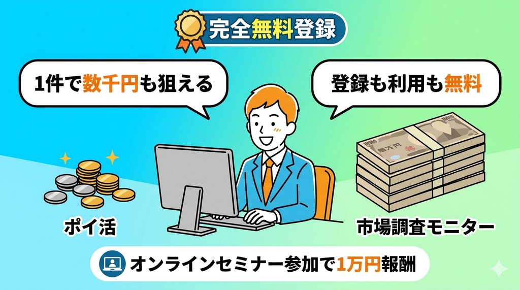 ポケットリサーチの完全無料登録・1件で数千円・オンラインセミナー参加で1万円報酬を示すイラスト