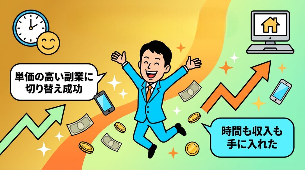 市場調査モニターへ切り替えた後の理想の未来・単価の高い副業で時間も収入も手に入れたイラスト