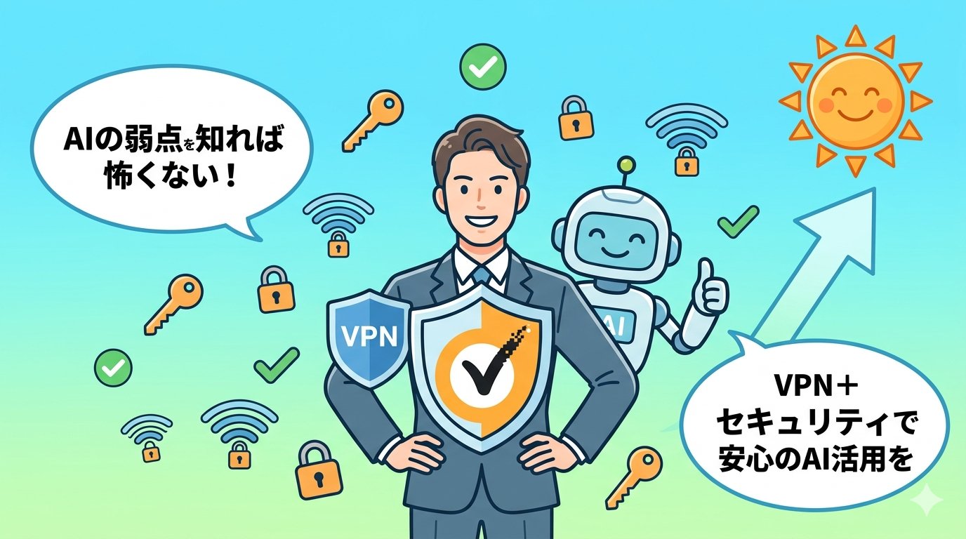 VPNとセキュリティソフトでAIを安全に活用するビジネスパーソンのイラスト