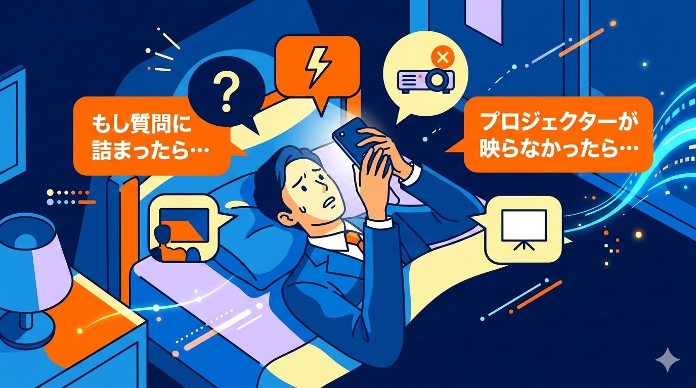 プレゼン前夜にスマホを見つめながら不安を抱えるビジネスパーソンのイラスト