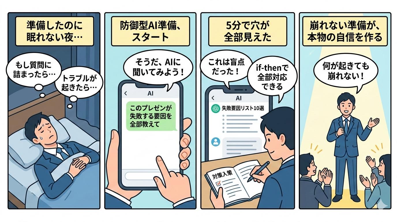 AIを使ったプレゼン防御型準備の流れを描いた4コマ漫画