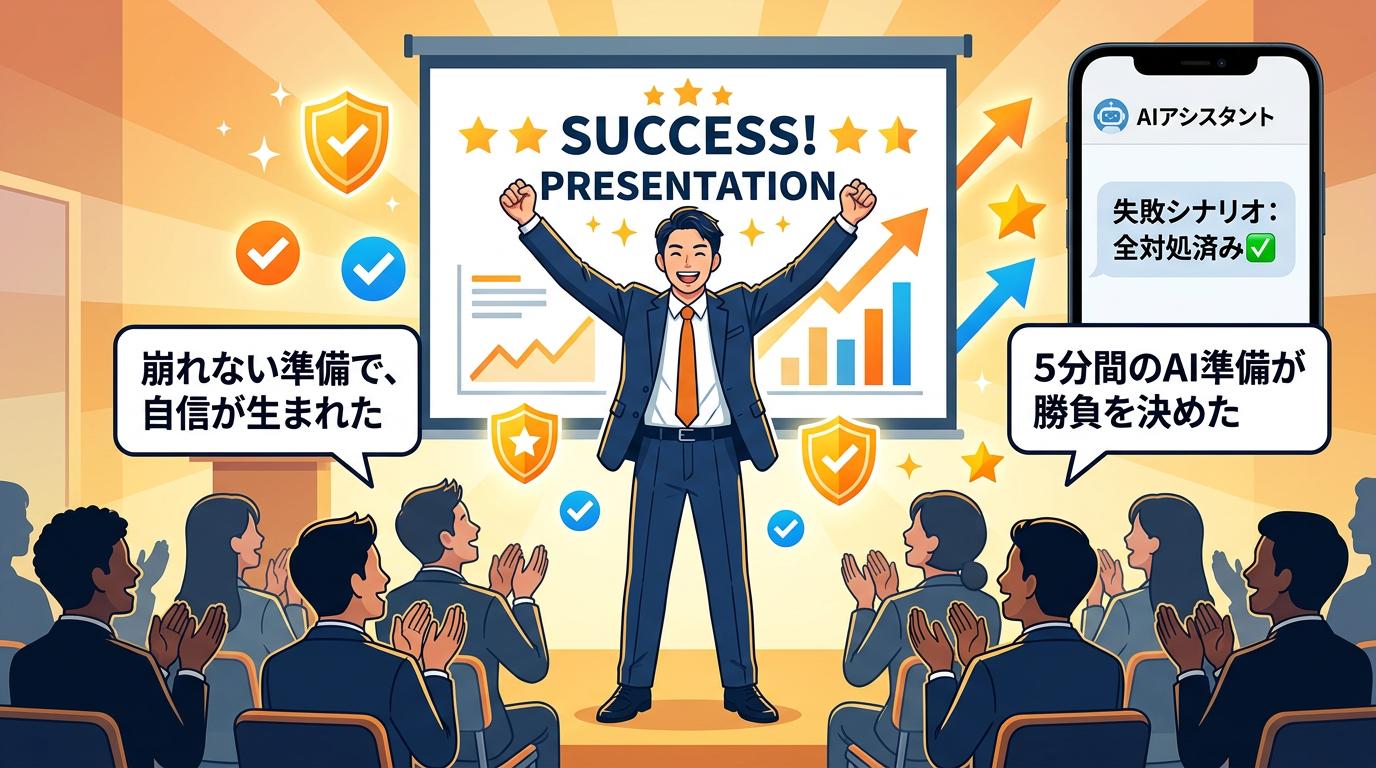 プレゼンで拍手を受ける自信満々のビジネスパーソンと成功イメージのイラスト