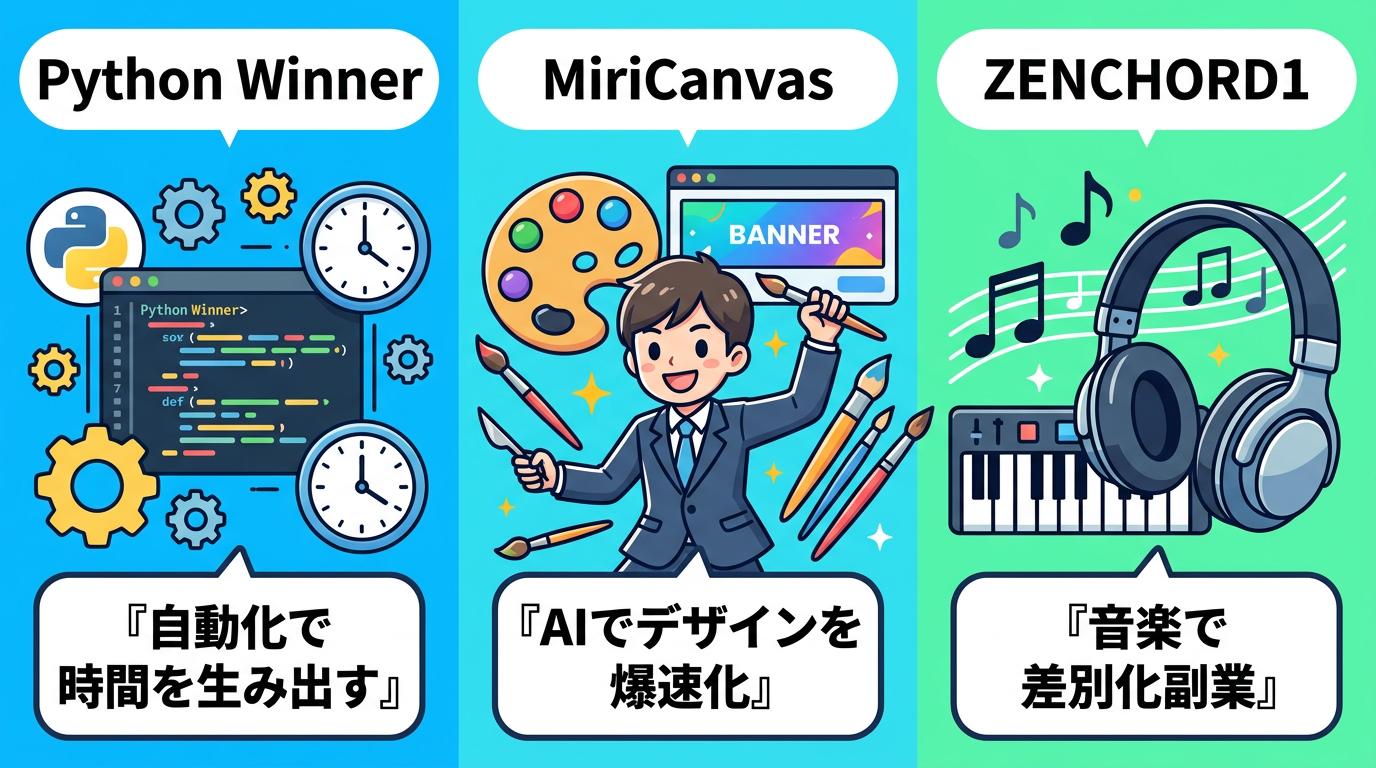Python Winner・MiriCanvas・ZENCHORD1の3サービスを並べて比較したイラスト