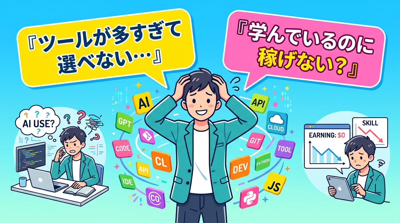 AIツールが多すぎて選べない・学んでいるのに稼げないという悩みを抱えるビジネスパーソンのイラスト