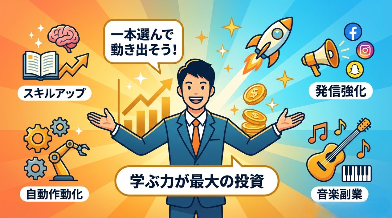 一本選んで動き出そう・学ぶ力が最大の投資というメッセージを伝える結論イラスト