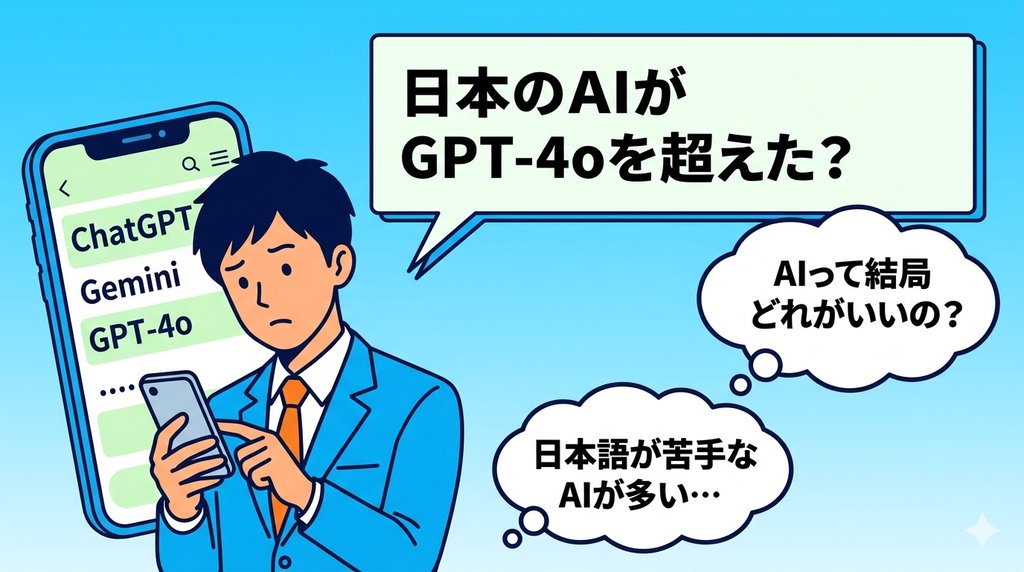 日本のAIがGPT-4oを超えた？——複数のAIを比較して悩むビジネスパーソンのイラスト