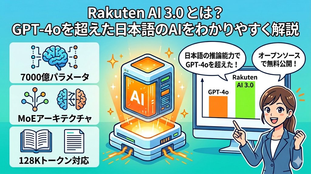 Rakuten AI 3.0の機能と特徴——7000億パラメータ・MoEアーキテクチャ・128Kトークン対応の解説イラスト