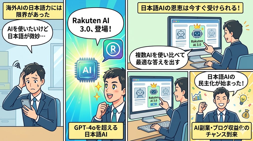 Rakuten AI 3.0登場から一般ユーザーへの恩恵までを描いた4コマ漫画イラスト