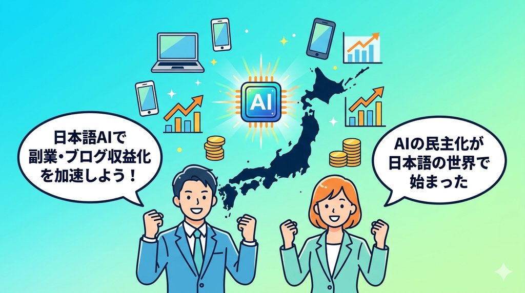 日本語AIの民主化が始まった——副業・ブログ収益化を加速するビジネスパーソンの未来イメージイラスト