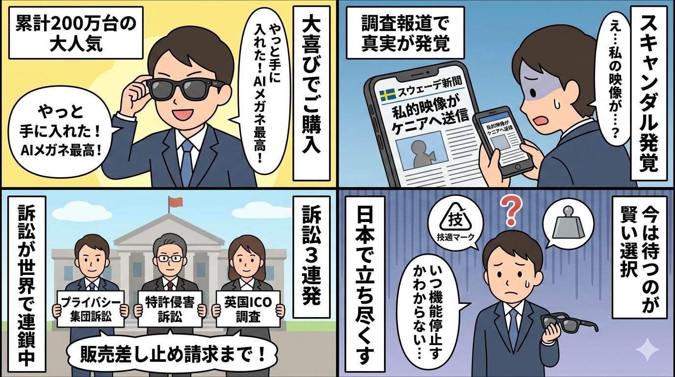 Ray-Ban Metaをめぐるプライバシースキャンダルから訴訟連鎖、日本での文鎮化リスクまでを描いた4コマ漫画
