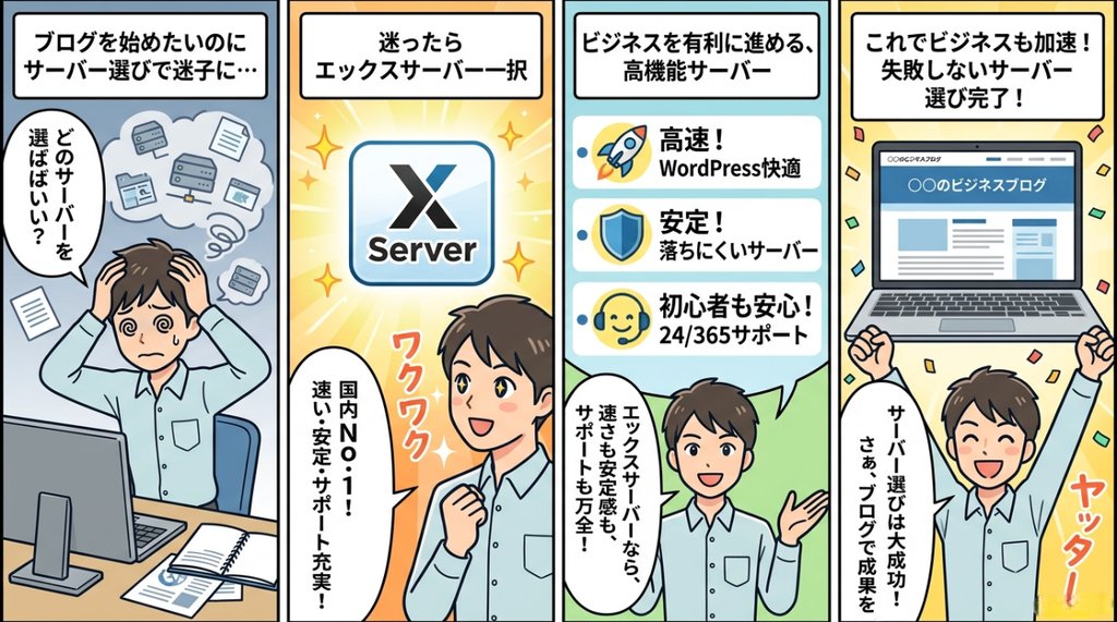 サーバー選びで迷う初心者からエックスサーバー導入でブログ成功までを描いた4コマ漫画
