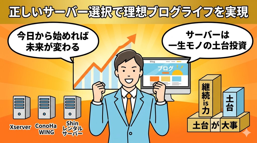 正しいサーバー選択で理想のブログライフを実現するイラスト。継続is力・土台が大事のメッセージ