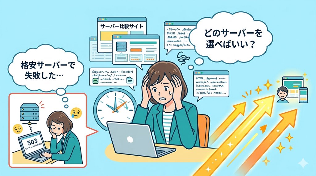 格安サーバーで失敗した経験と、どのサーバーを選べばいいか悩む初心者のイラスト