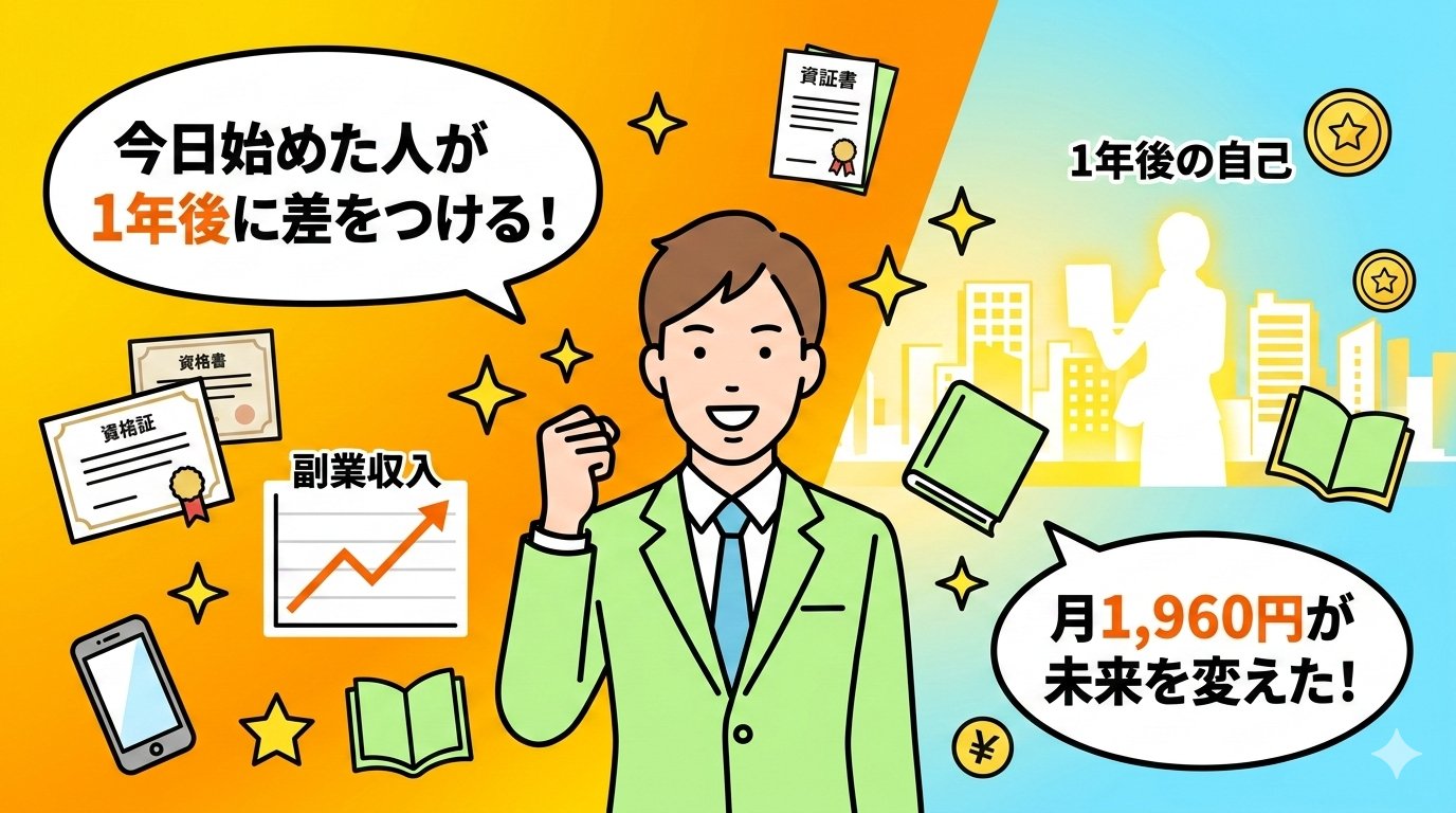 リスキリングで1年後に差をつける・月1,960円が未来を変えた理想の未来イメージ
