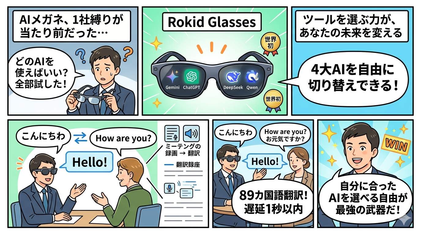 AIを選べる自由が最強の武器！特定AIに縛られない生き方へ向かうビジネスパーソンのイラスト